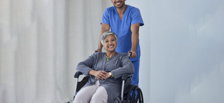 whellchair Happy male nurse, woman with disability in wheelchair and medical trust for wellness, support and h.